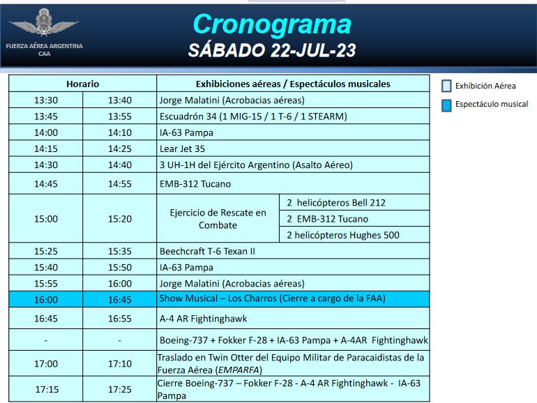 Argentina Vuela: Cronograma del sábado 22 de julio.