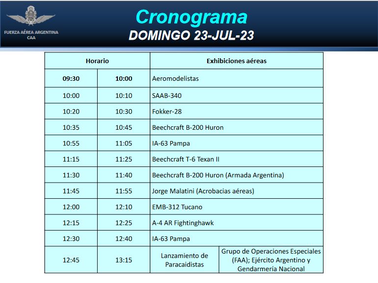 Argentina Vuela: Cronograma del domingo 23 de julio.