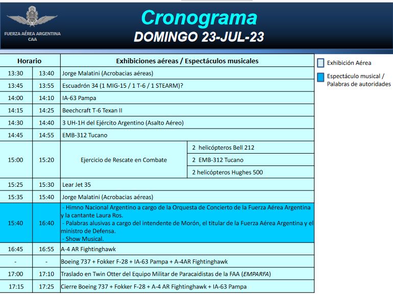 Argentina Vuela: Cronograma del domingo 23 de julio.