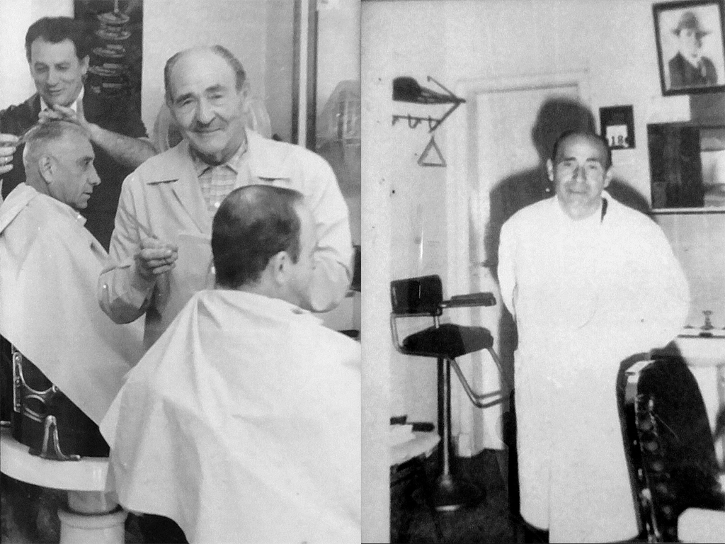 En la imagen de la izquierda de fondo Nino y al frente Pascual trabajando en la peluquerí­a. En la imagen de la derecha Pascual en su peluquerí­a.
