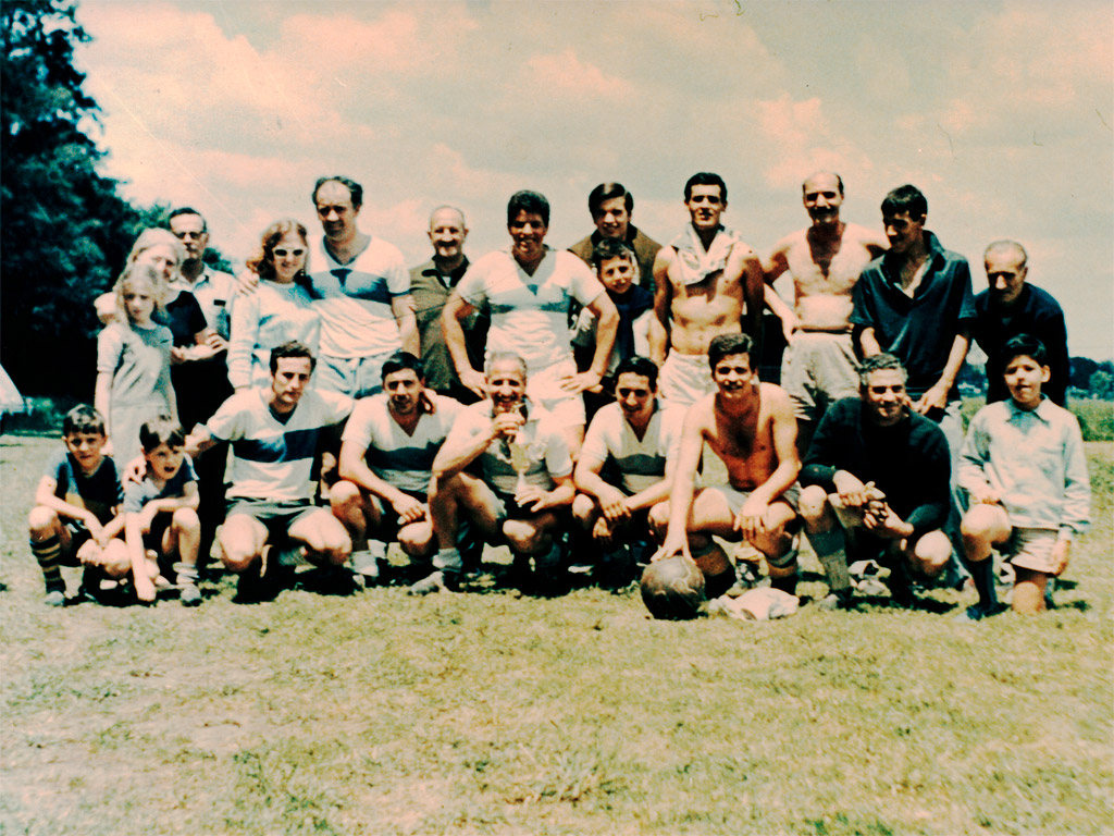 Equipo de Castelar. De izq. a der. Arriba Dr ortiguela, Tito Cueto, Pino Sandoval, Dr. Bregan, Abajo Roberto Michelena, Carlitos Dí­az, Marino, Trenchi, Ricardo Marino, Bianchi