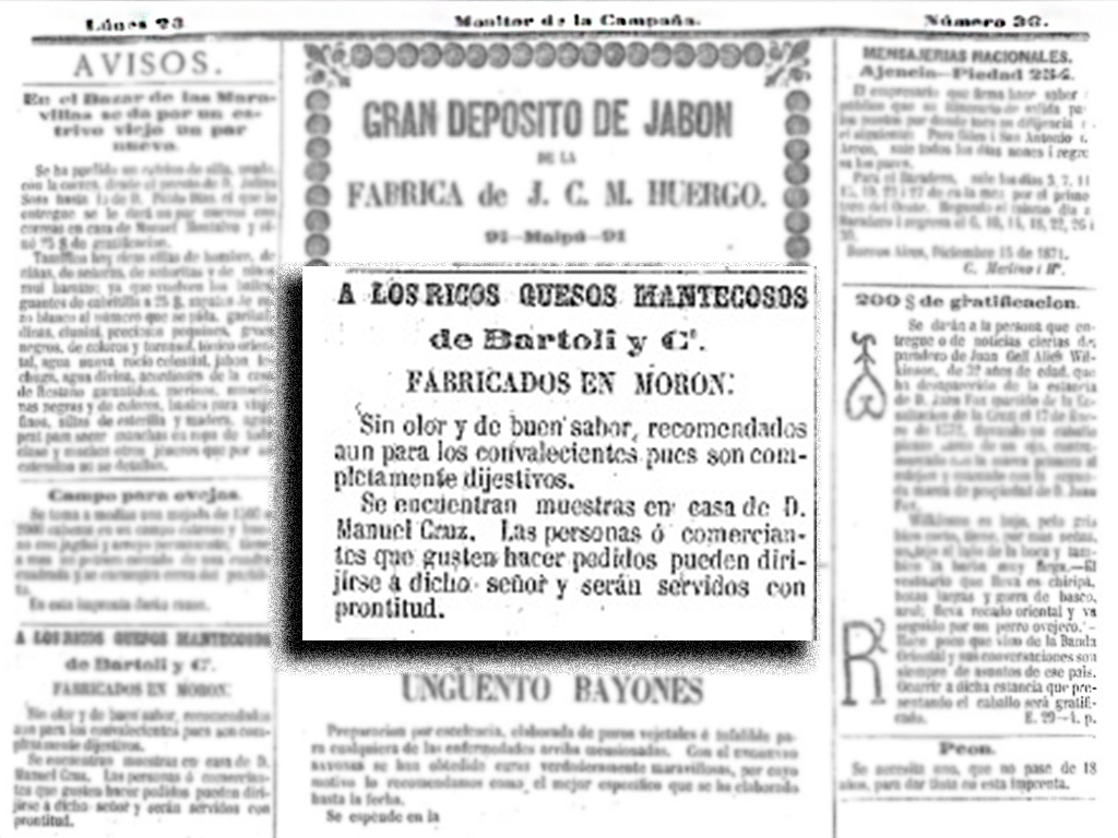 Publicidad de queso Bartoli en El Monitor de la Campaña, 1873, Museo del Periodismo Bonaerense.