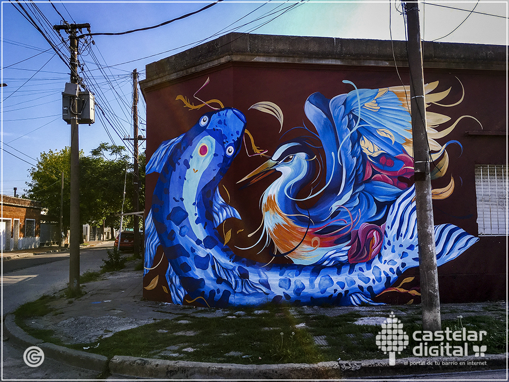 Mural de Fio Silva y Macarena Mali en Castelar Sur. Esquina de Luís María Drago y Espronceda.<br />